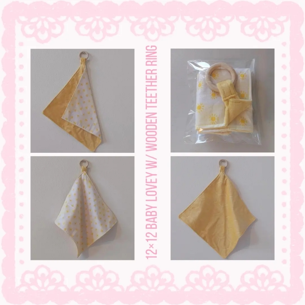 HANDMADE SUNSHINE BABY LOVEY W/WOODEN TEETHER RING